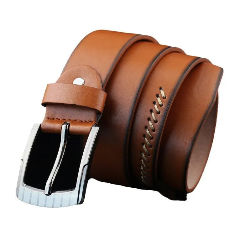 Men's retro pattern imitation leather belt with alloy pin buckle in black, brown, or white colours