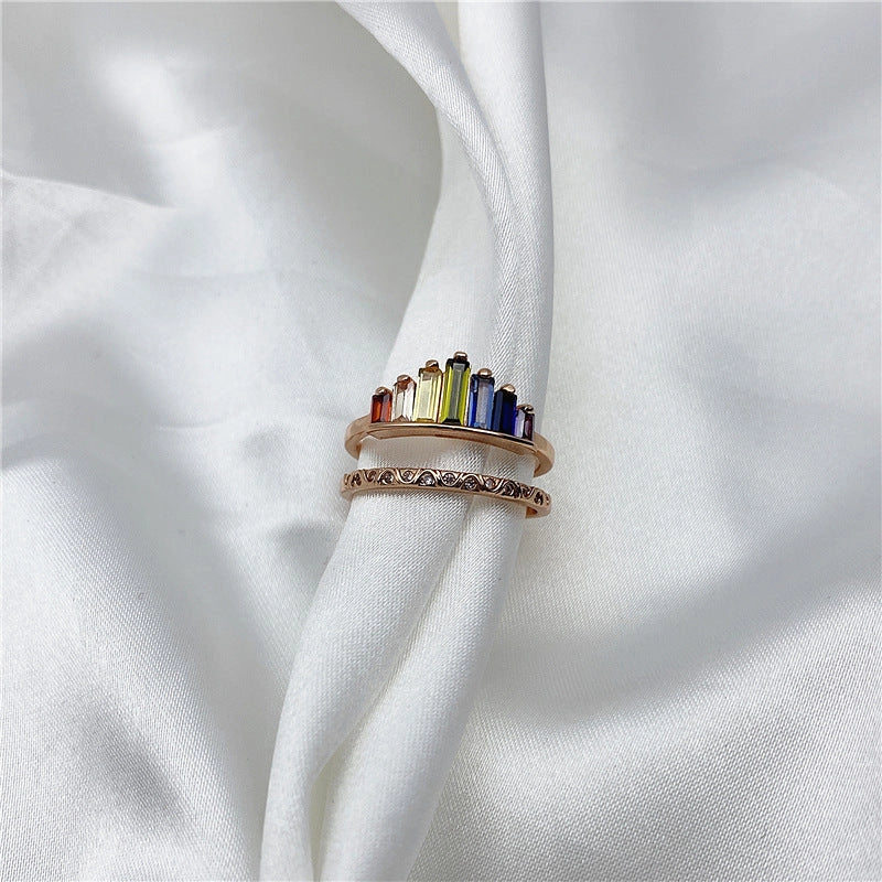 Fashion Rainbow Micro Diamond Ring in copper with Korean style geometric design