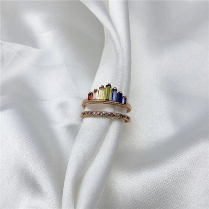 Fashion Rainbow Micro Diamond Ring in copper with Korean style geometric design