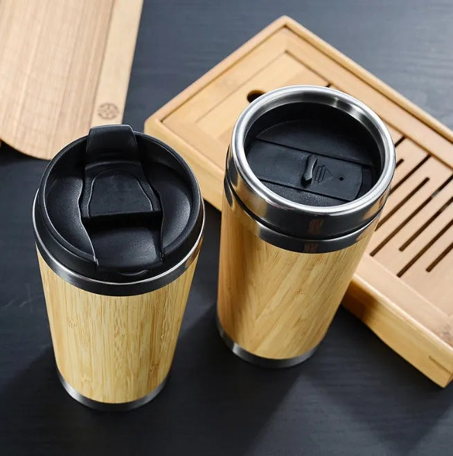 Bamboo coffee cup with double wall insulation, leak-proof lid, and anti-slip foam pad base