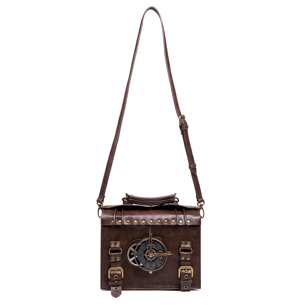 Bronze steampunk style square shoulder bag made of PU leather with metal hardware.