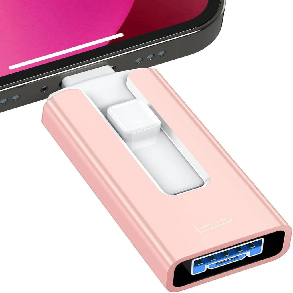 Multifunctional metal USB thumb drive with push-pull mechanism, Lightning and OTG connectors, in black