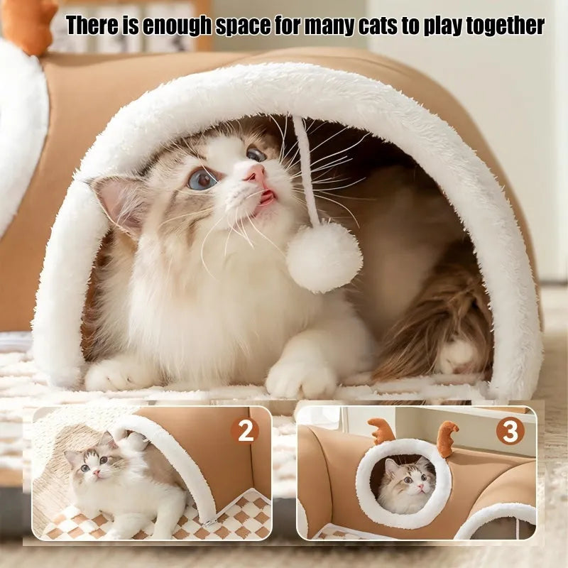 Cat tunnel bed in brown plaid fleece with hanging balls, semi-circular shape, slip-resistant bottom