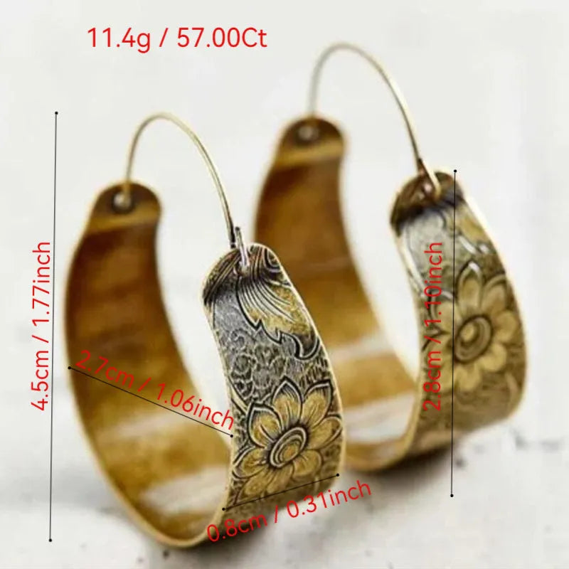 Gold hollow geometric earrings with Maillard pattern and petal elements for women
