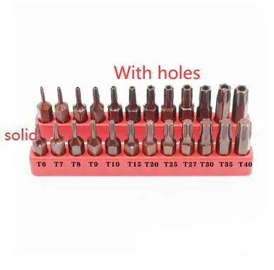 Black steel screwdriver bit set with magnetic tips showing T6 to T40 sizes, hollow and solid hex styles.