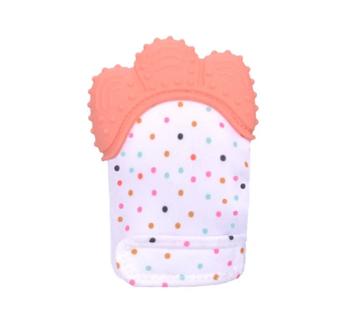 Baby silicone molar teething gloves in various colours with secure Velcro strap