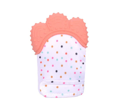 Baby silicone molar teething gloves in various colours with secure Velcro strap