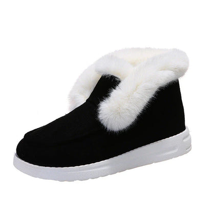 Women's snow boots with plush fur ankle support in black, grey, and brown