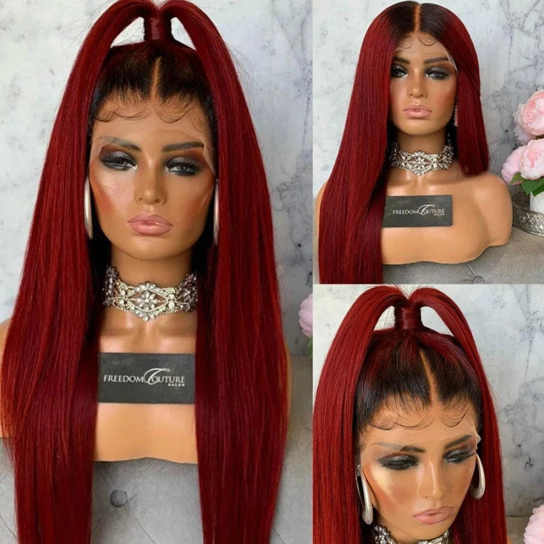 Burgundy trellis headpiece with 26-inch straight high temperature silk hair