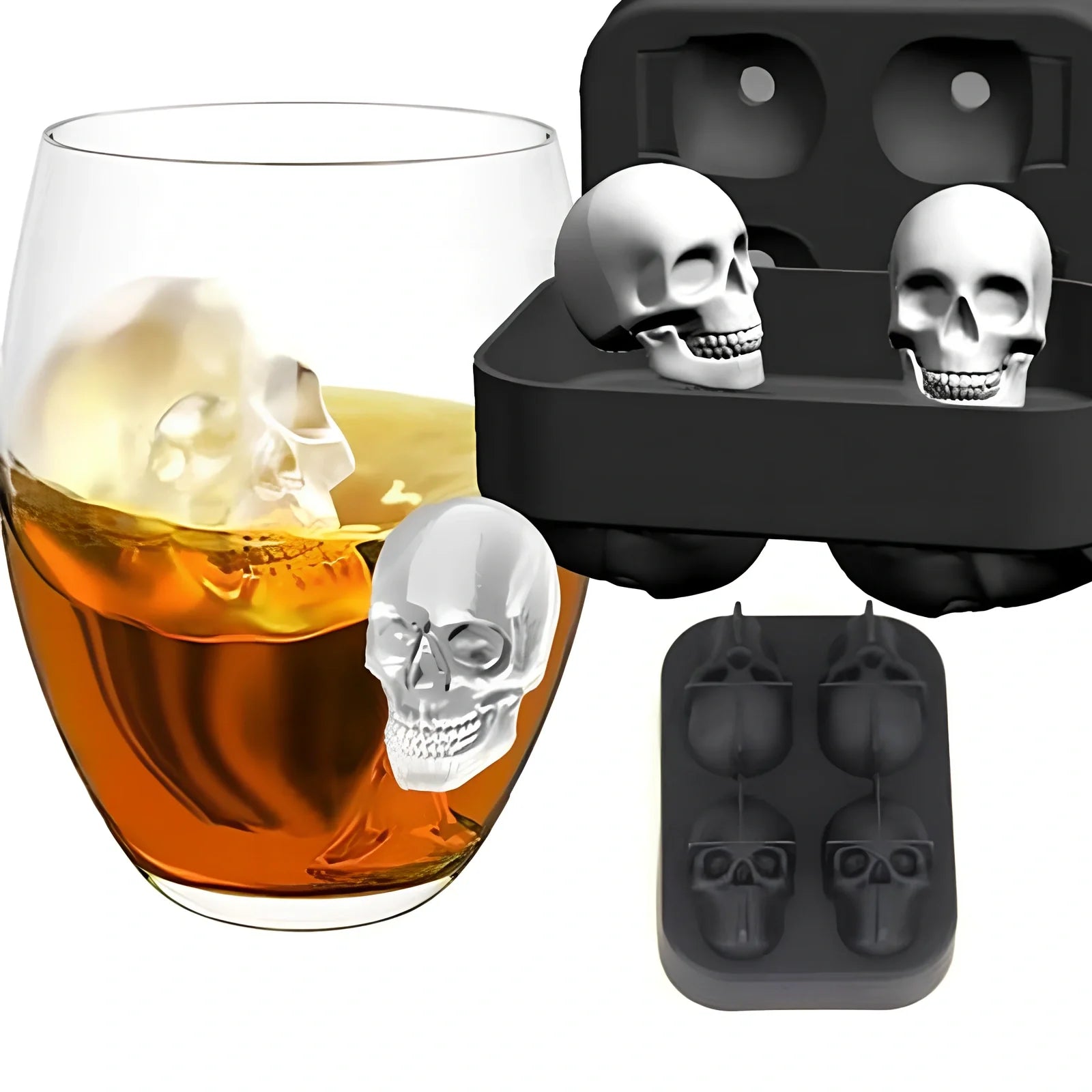 Black silicone ice cube tray with four skull-shaped cavities measuring 12cm long