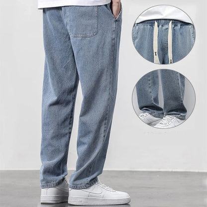 Men's summer loose wide leg jeans in light blue, gray, and retro blue