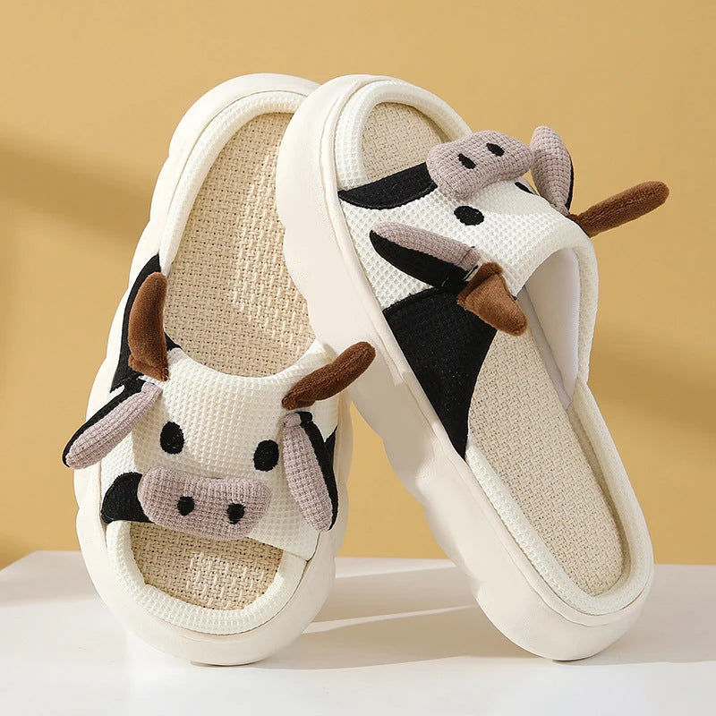 Cartoon cow frog design linen slippers with non-slip PVC sole
