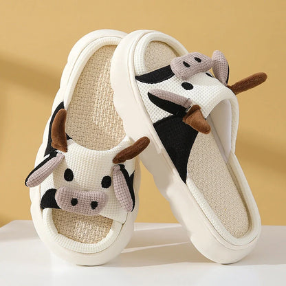 Cartoon cow frog design linen slippers with non-slip PVC sole