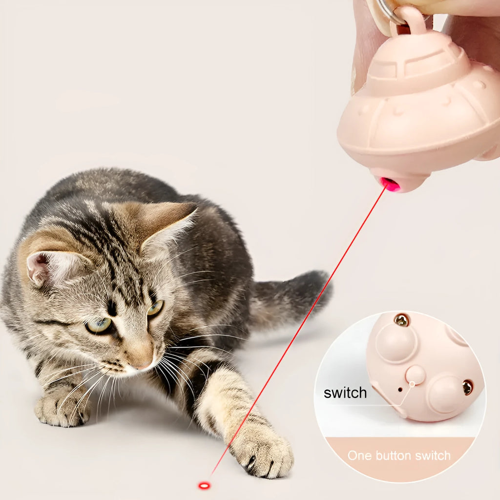 Green automatic cat laser toy attached to collar showing 360-degree rotation feature
