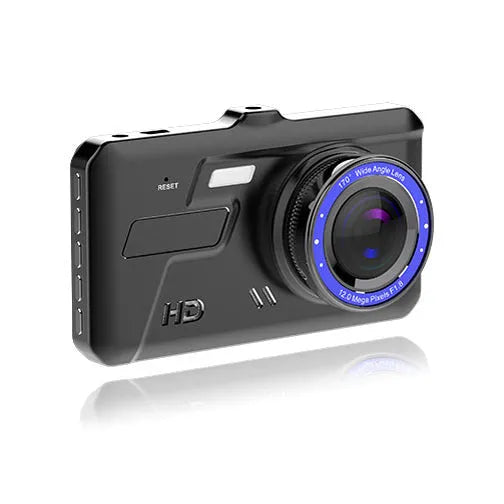 Black dual lens car dash cam with 4-inch touch screen display
