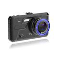 Black dual lens car dash cam with 4-inch touch screen display