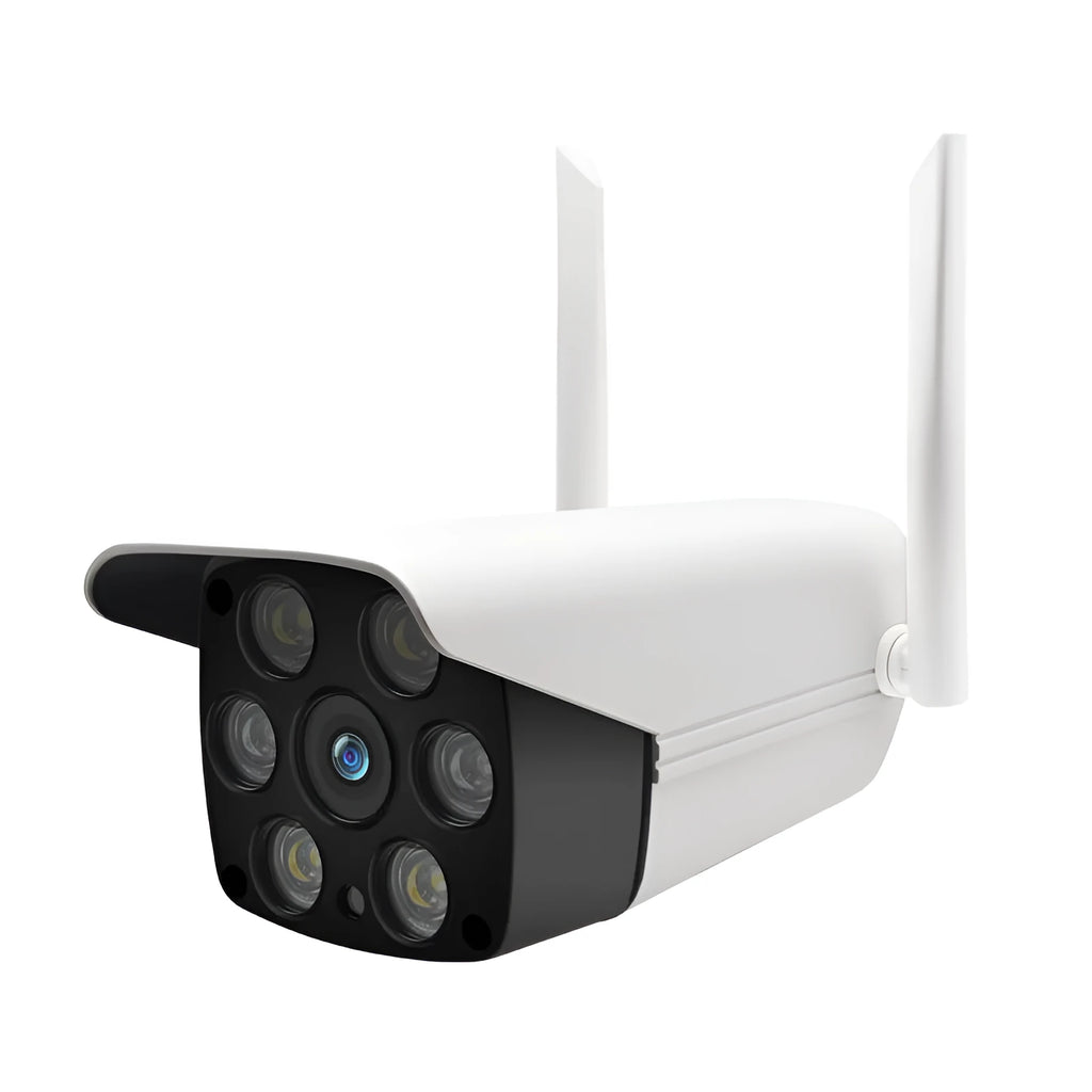 White outdoor smart security camera with infrared night vision capability up to 10 metres