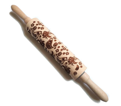 Wooden Christmas embossing rolling pin with non-stick surface for festive baking