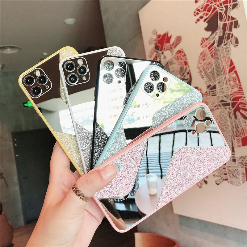 Luxury glitter phone case with rhinestones for iPhone in black, blue, and pink colours