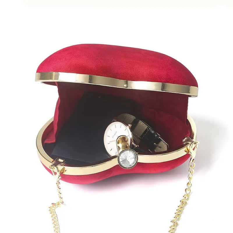 Heart-shaped plush cotton chain bag in pink with chain strap and hook closure