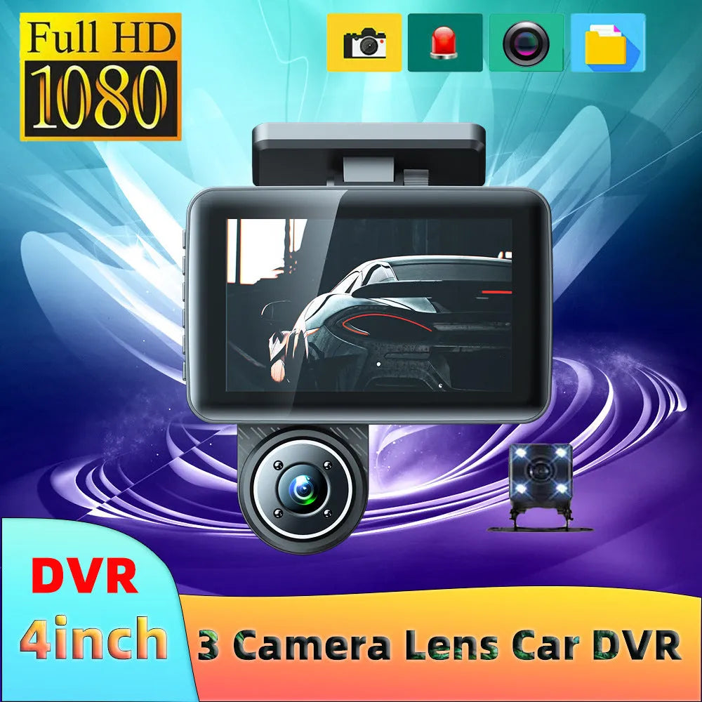 4 inch black dashcam with touch screen showing 1080P HD recording and infrared night vision display
