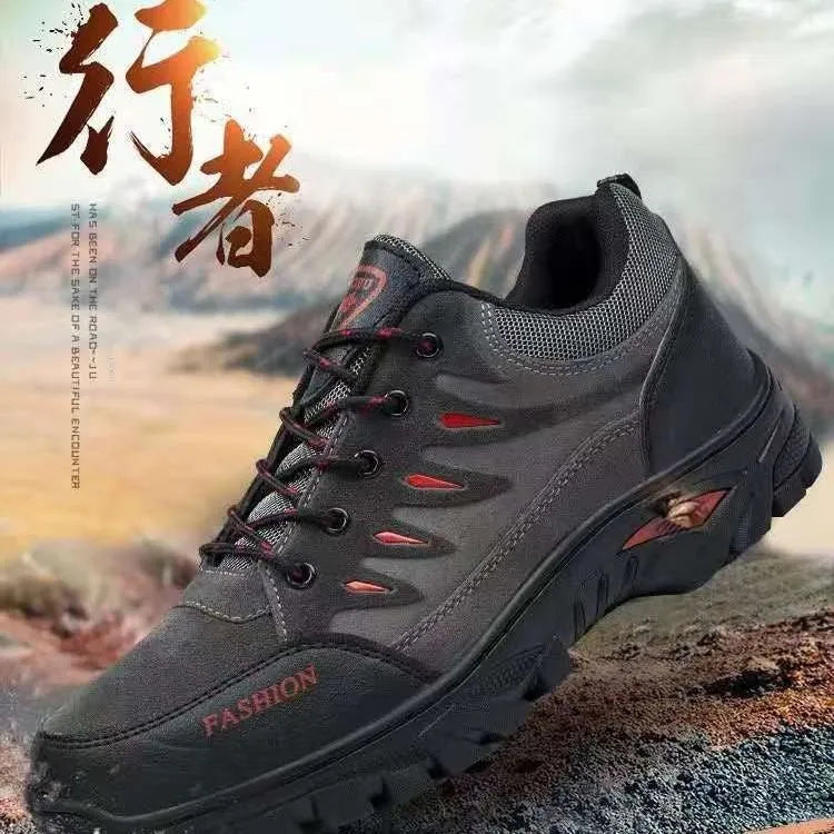 Men's brown suede hiking shoes with rubber sole and lace-up closure, showing round toe and mid-top design