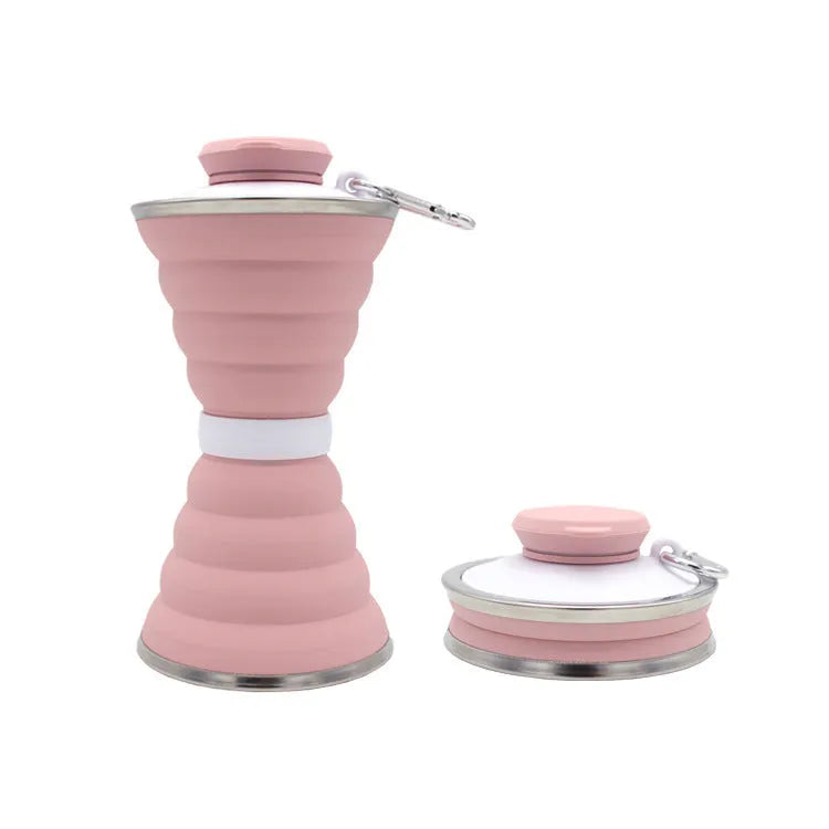 500ml collapsible silicone travel cup shown folded and unfolded with hanging rope and stainless steel rim
