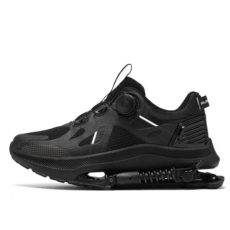 Black mechanical power running shoes with mesh upper and rubber sole showing buckle closure system