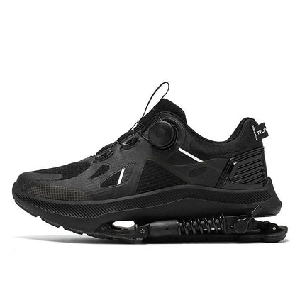 Black mechanical power running shoes with mesh upper and rubber sole showing buckle closure system