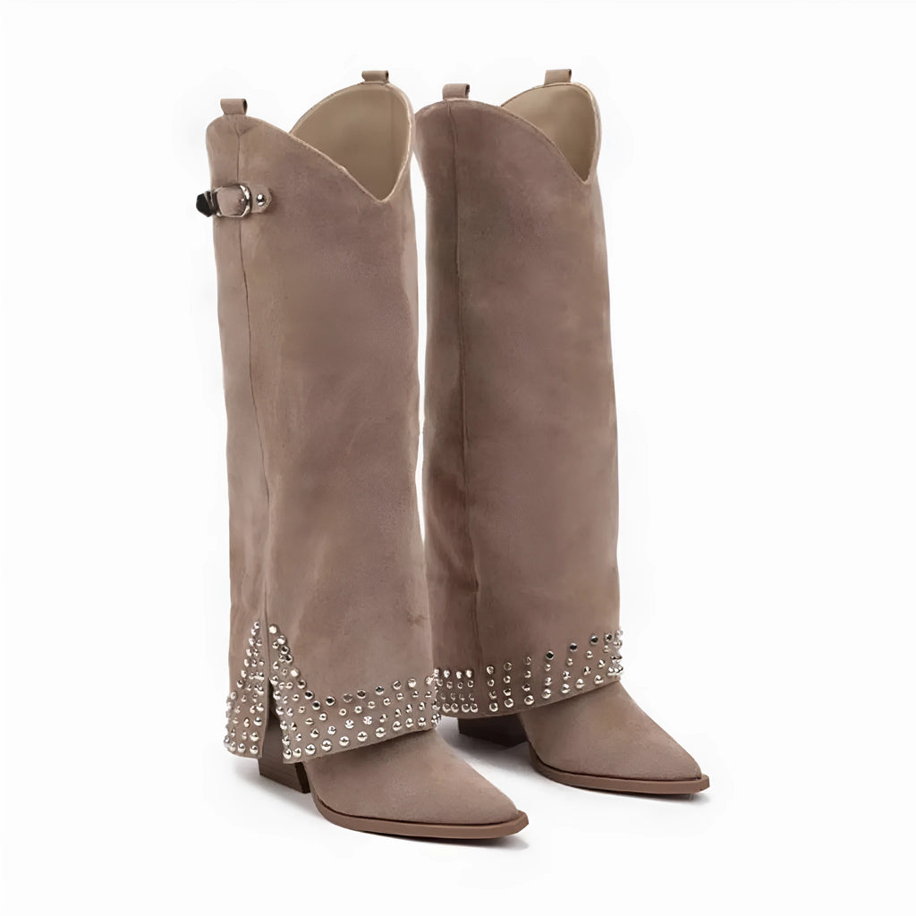 Women's black frosted rivet pantyhose boots with a suede-look upper and rubber sole.