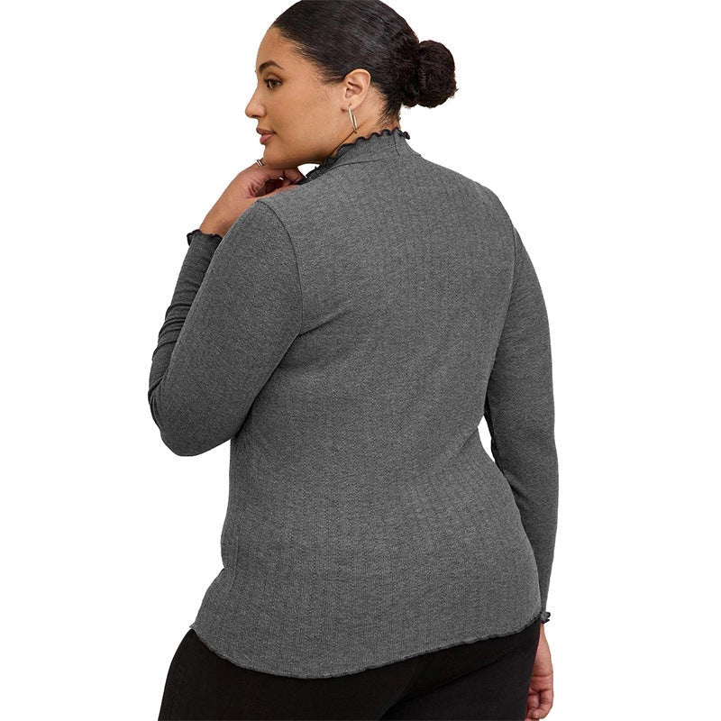 Women's rib sunken stripe half-high collar long sleeves t-shirt in various colors