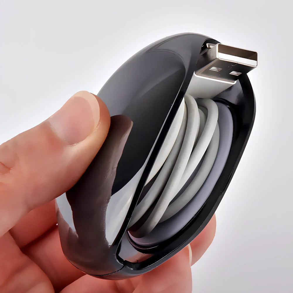 Black automatic cord winder organising 1.2m earphone cable, 68x50x29mm size, PC+ABS material