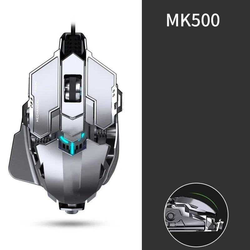 Forerunner MK500 wired gaming mouse in metallic black with seven buttons and USB cable