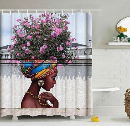 Colorful African girl portrait with graffiti art and modern buildings on a shower curtain