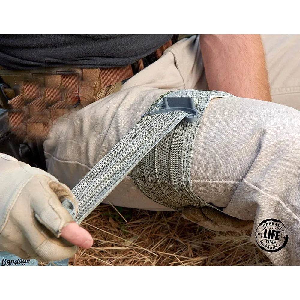 Simple portable haemostatic bandage and tactical gauze tape roll in 10cm and 15cm sizes for first aid.