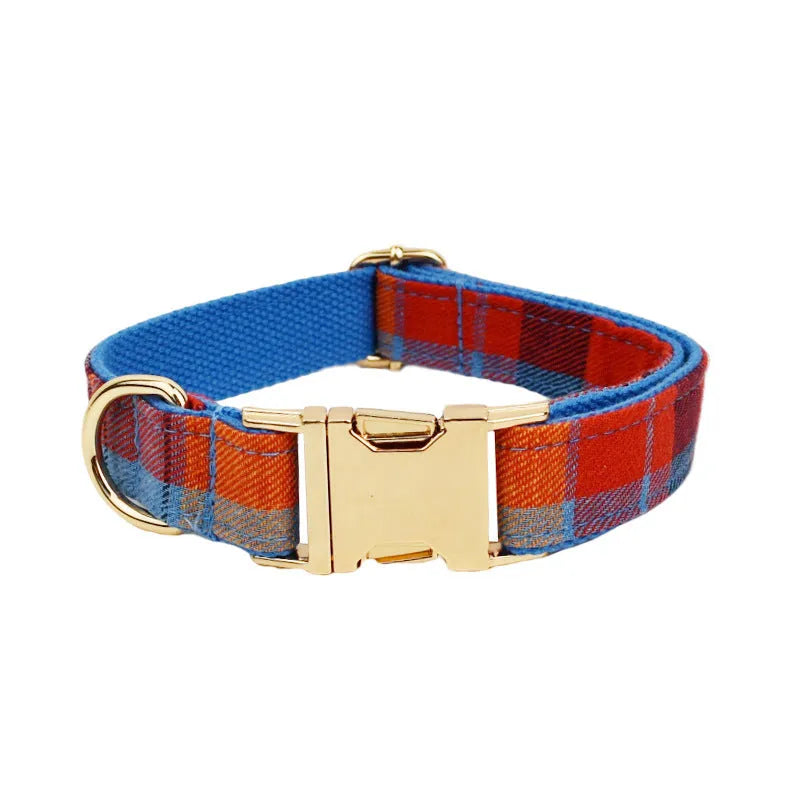 Four-piece dog accessory set with fabric collar, matching lead, decorative bow tie, and coordinating vest