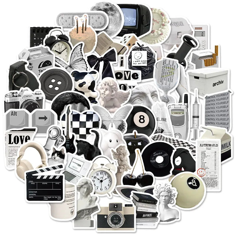 61 black and white waterproof PVC vinyl stickers for laptop and drink bottle personalisation.