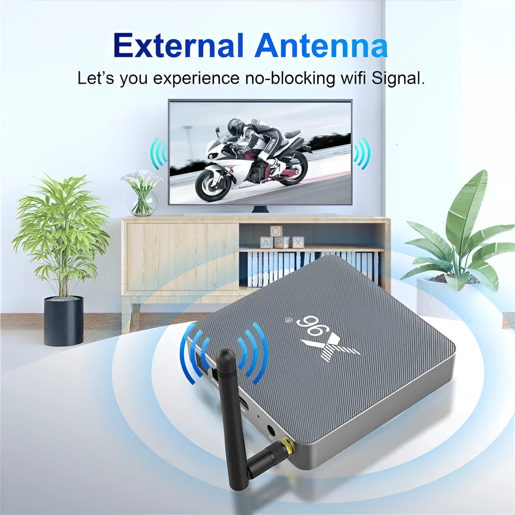 Android smart TV set-top box with remote control, HDMI cable and power adapter.