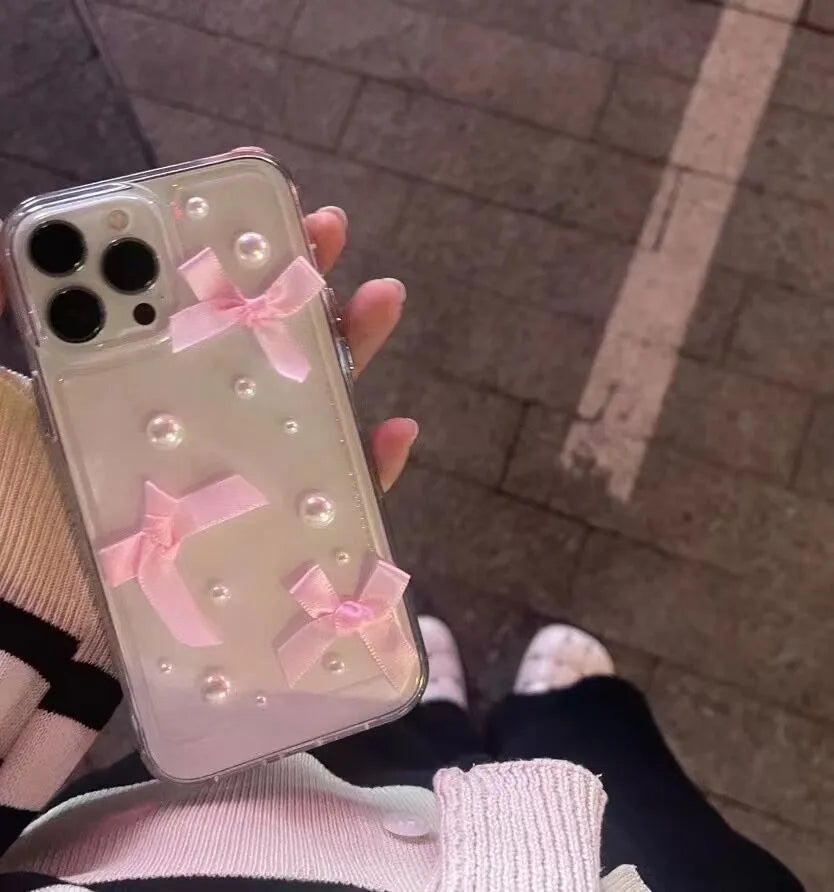 Pink transparent TPU phone case with three-dimensional pearl bow for iPhone 13 Pro Max