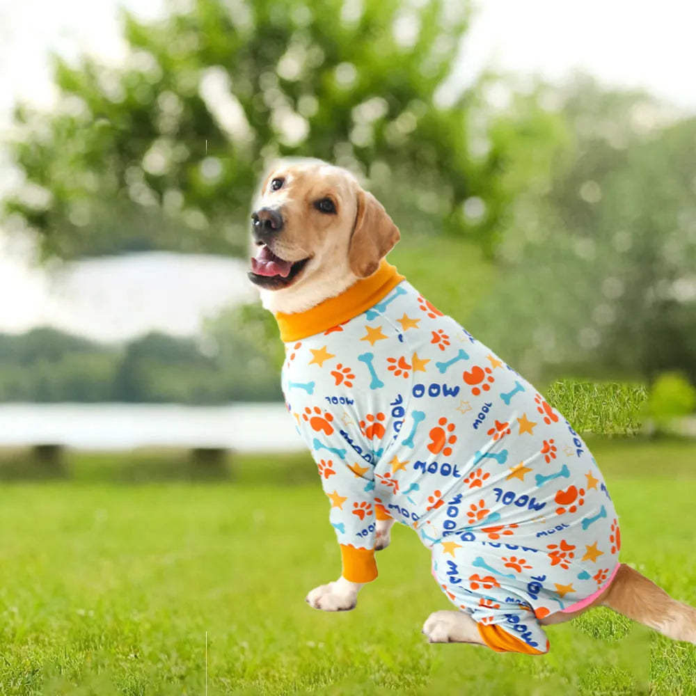 Cotton dog jumpsuit with four-legged design and long sleeves in cute print pattern