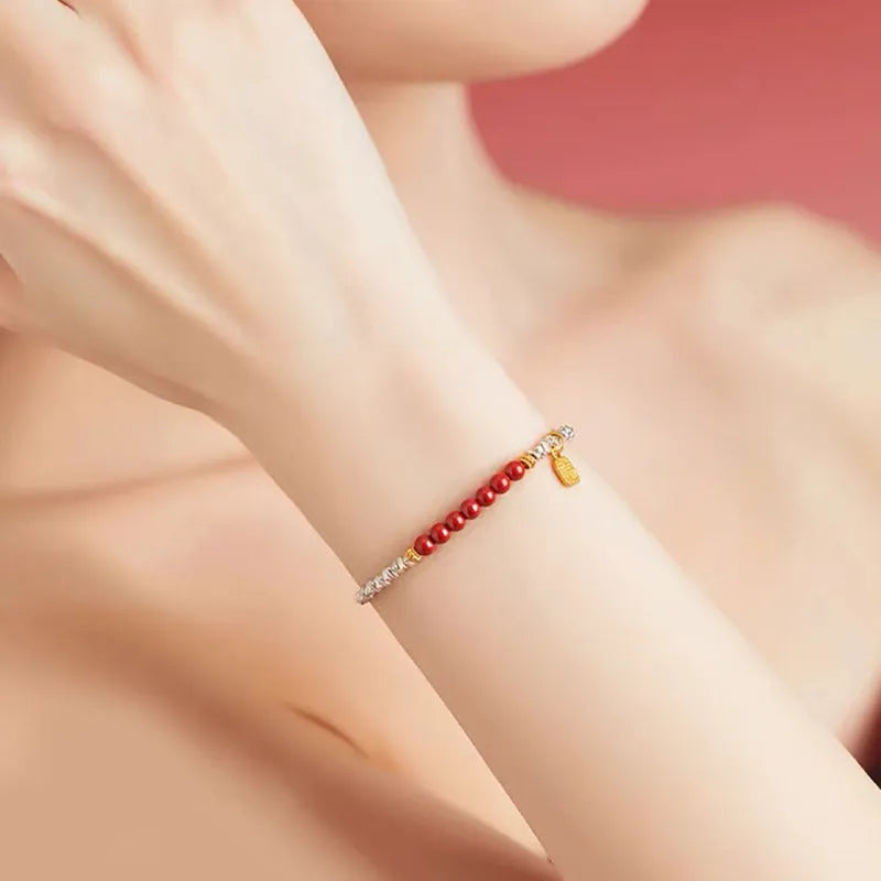 White K silver lucky beads couple bracelet with geometric round design measuring 16cm length
