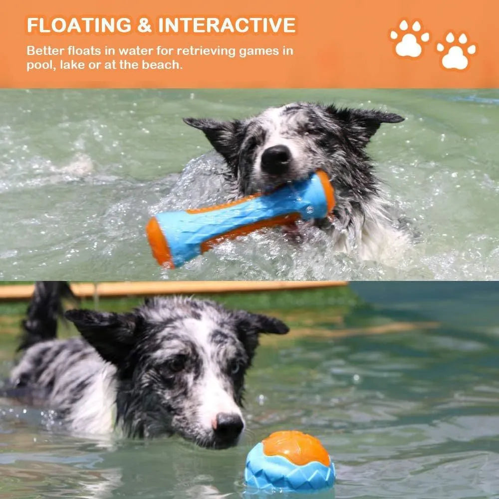 Three TPR floating squeaky dog toys: a red ball, a blue barbell, and an orange tyre.