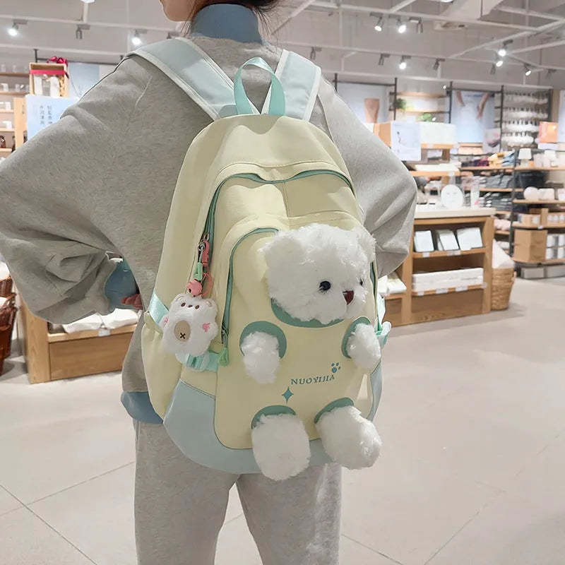 Cute bear-themed nylon school backpack with curved shoulder straps in macaron colour options.