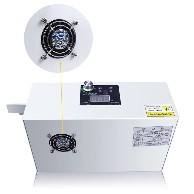 Silver household portable aluminium foil bag sealing machine with three specification options on a kitchen counter