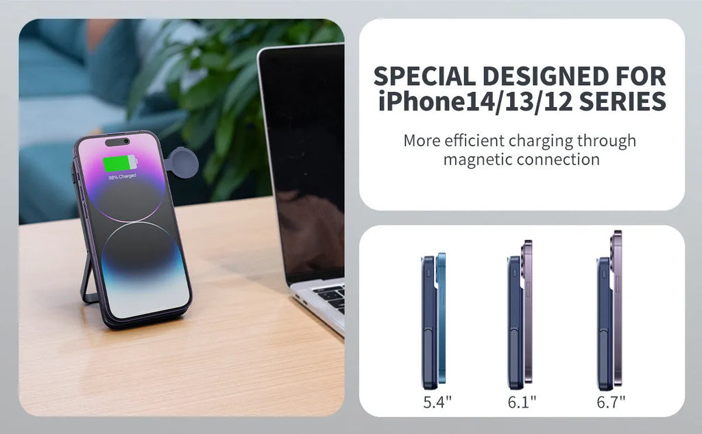 Black industrial-style magnetic wireless power bank showing three-in-one bracket design with 10000mAh capacity