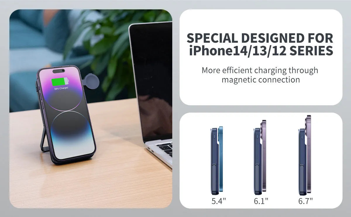 Black industrial-style magnetic wireless power bank showing three-in-one bracket design with 10000mAh capacity