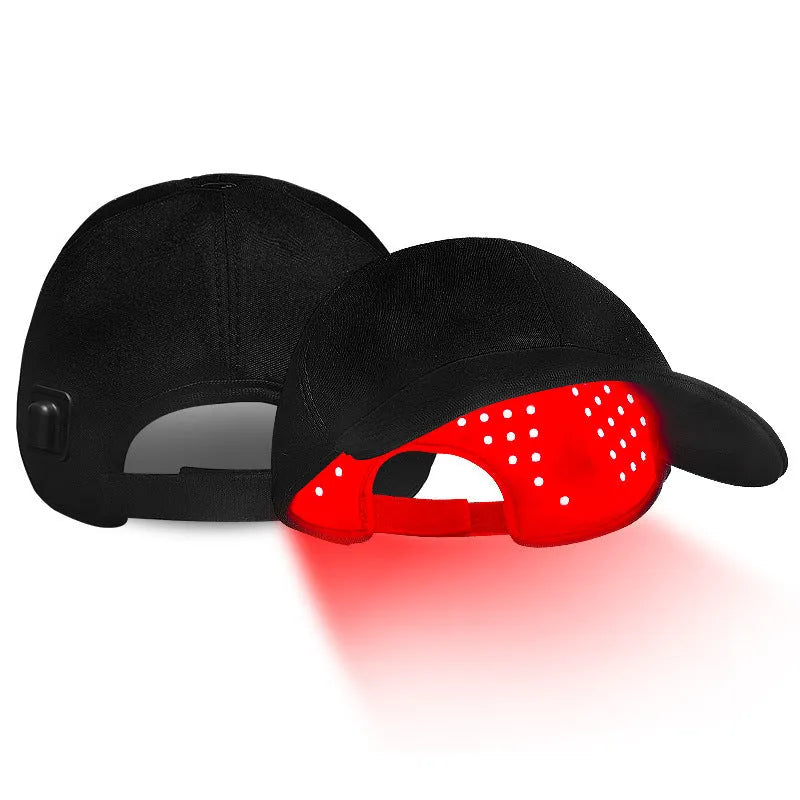 Black duckbill-style infrared peaked cap for hair growth with red LED lights and controller