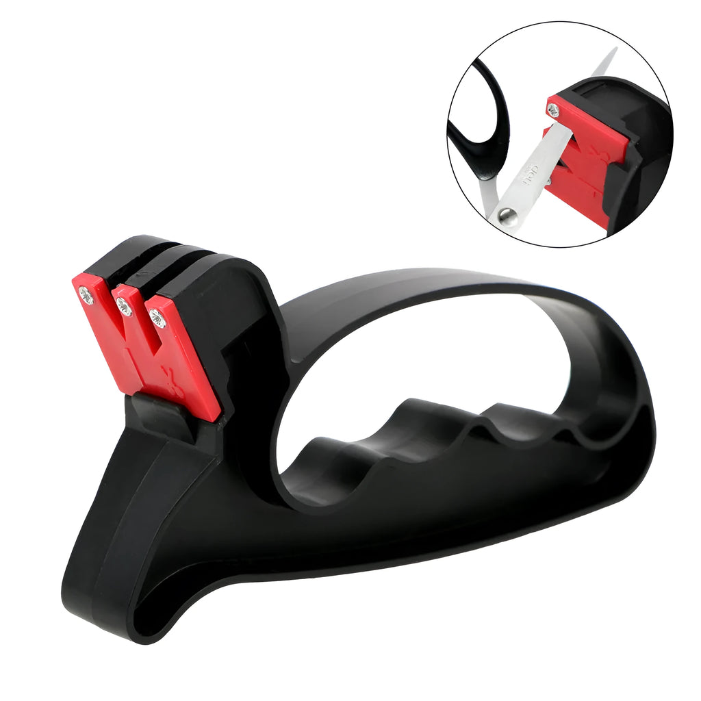 Black handheld knife and scissor sharpener with tungsten steel blade measuring 140mm