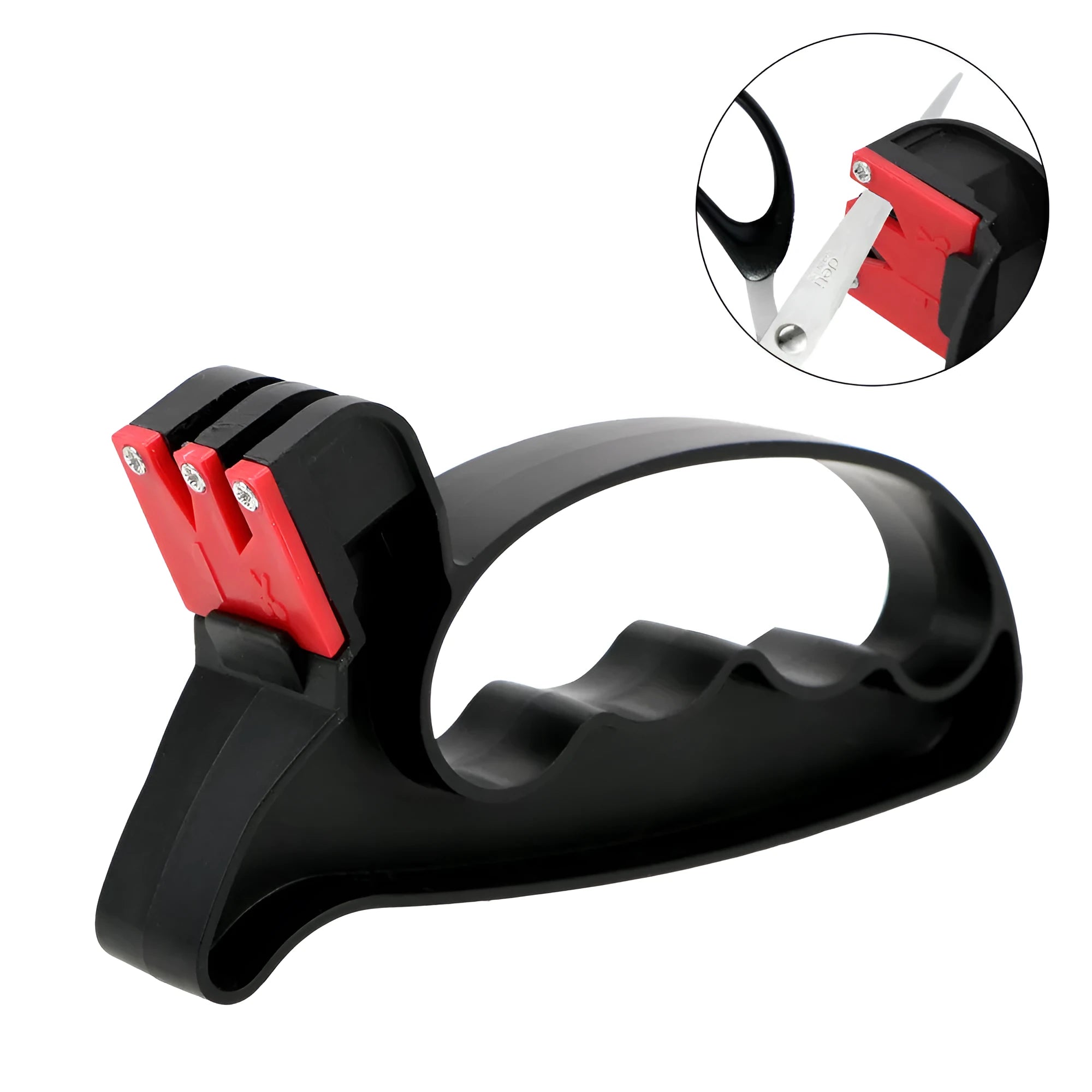 Black handheld knife and scissor sharpener with tungsten steel blade measuring 140mm