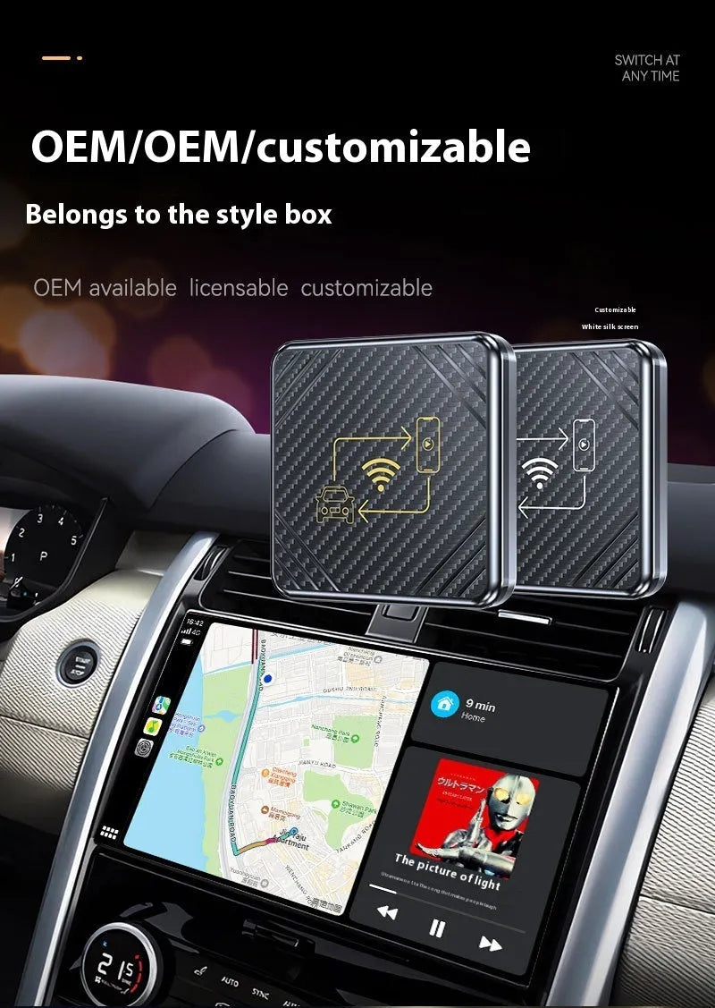 Wireless CarPlay box USB adapter in gold finish for factory car radios with Android Auto support